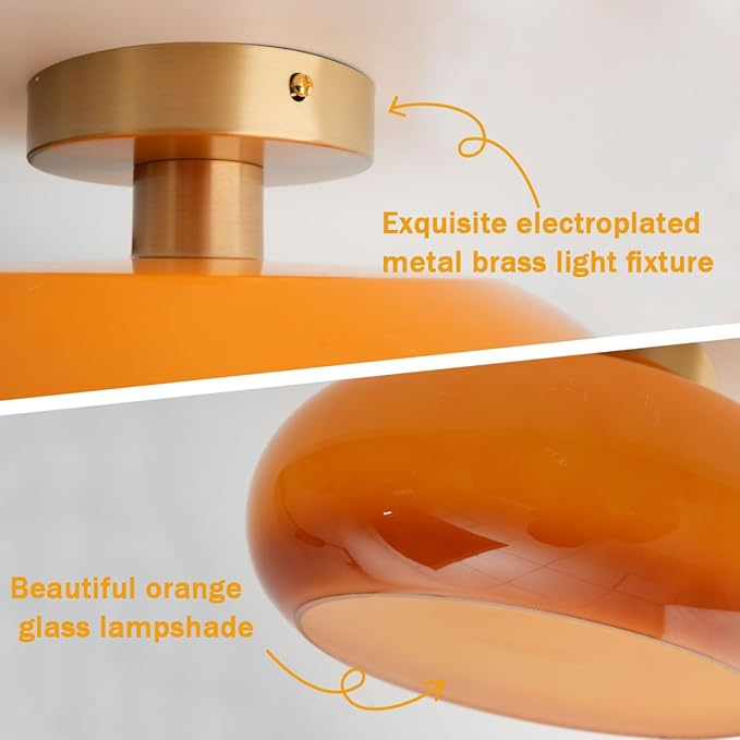 Modern Glass Flush Mount Ceiling Light, Orange Gold Mid Century Hallway Light Fixtures, Vintage Glass Ceiling Lamp, Brushed Brass Dining Room Light Fixture