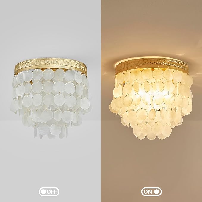 Modern Capiz Shell Ceiling Light, Costal Design, Close to Ceiling Light Fixture for Dining Room, Living Room, Bedroom, Hallway, Foyer, Gold Finish Frame, 3*E12 Socket, D12.6*H12.6 inches