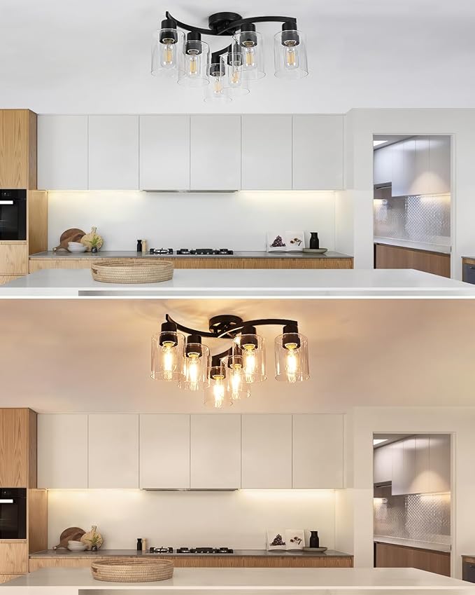 WILON 20'' 6-Light Large Black Semi Flush Mount Ceiling Light Fixture with Clear Glass Shades, Modern Farmhouse Chandelier for Dining Room Living Kitchen