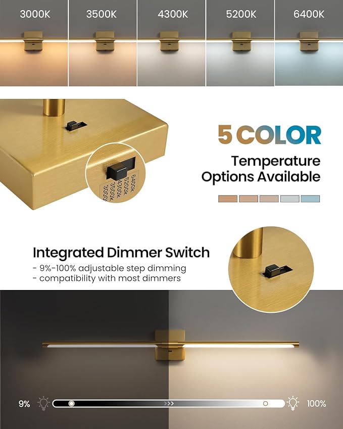 Gold Vanity Light Fixtures for Bathroom Over Mirror 40 inch LED Bath Sconces IP44 5CCT Adjustable Morden Picture Lights for Paintings (Built-in Dimmer)