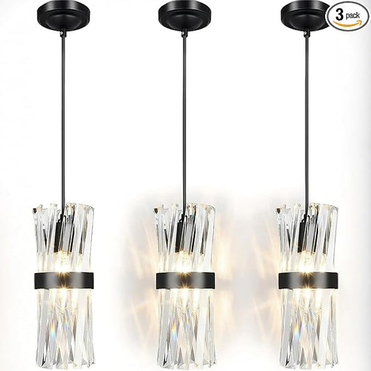 Ken & Ricky Crystal Pendant Light 3 Pack,Black Industrial Island Lights for Kitchen, Hanging Light Fixture, Adjustable Small Chandelier for Dinning Room Bathroom Bedroom