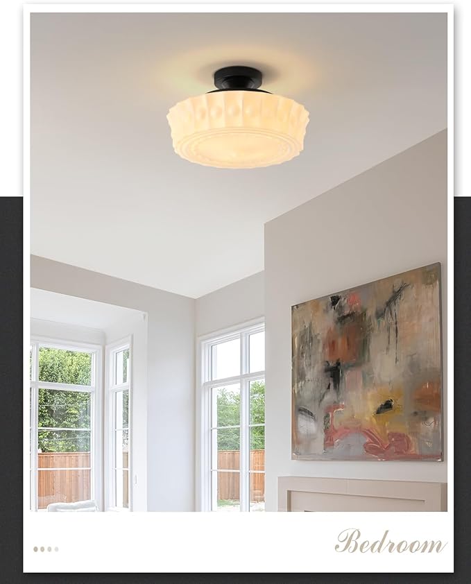 Vintage Milk White Glass Ceiling Light,Schoolhouse 13.8'' Flush Mount Ceiling Light Fixture,Mid Century Design for Bedroom,Hallway,Kitchen & Dining Room,4 LED Bulbs Included