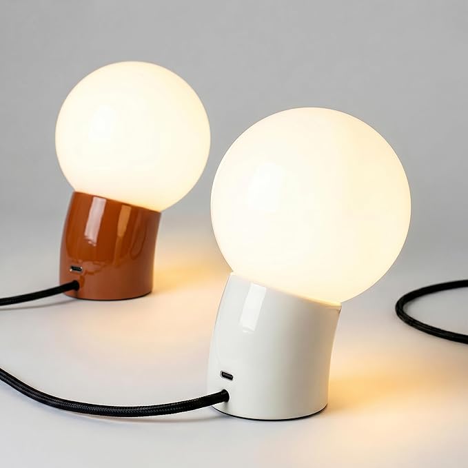 Brightech Vino LED Table Lamp - Small 8" Modern Dimmable Metal Lamp with USB-C Charging, Frosted Glass Globe Shade - Warm White Accent Light for Bedroom, Living Room, Bedside, Nightstand - Cream