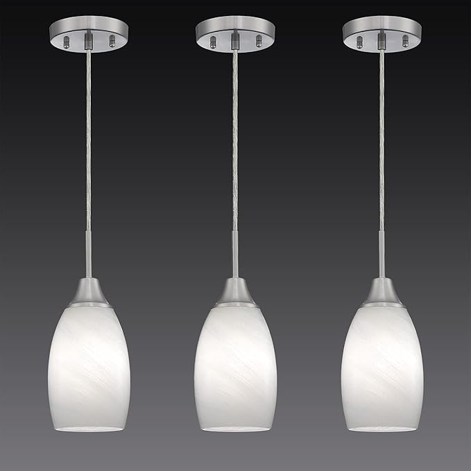 Viinew Mini Glass Pendant Light 4.72" White Swirl Pendant Lights 3-Pack Handblown White Art Oval Glass Hanging Pendant Light for Kitchen Island Dining Room Living Foyer Hallway Entry