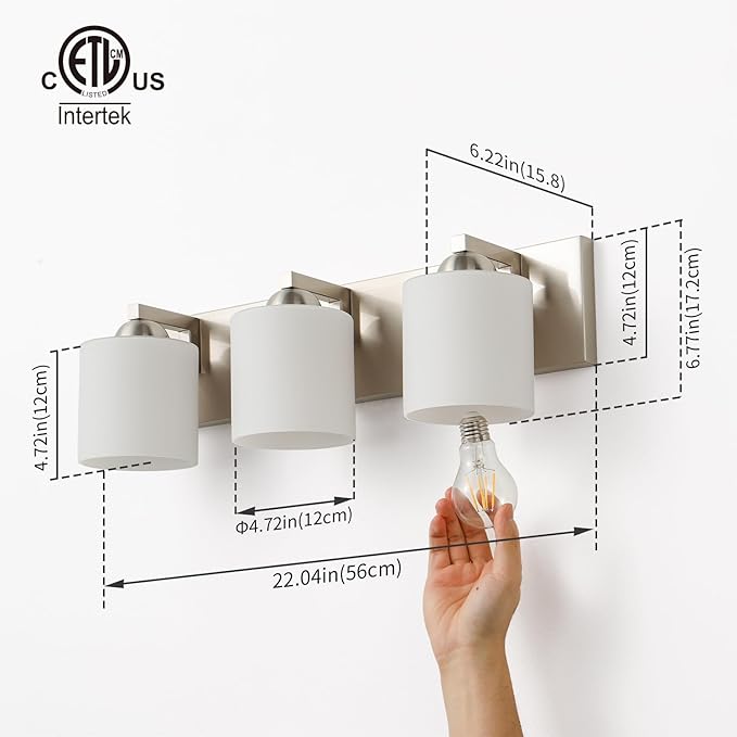 mirrea 22-inch 3-Light Brushed Nickel Vanity Light Fixture for Mirror, Bathroom Wall Sconce with Frosted White Glass Shades
