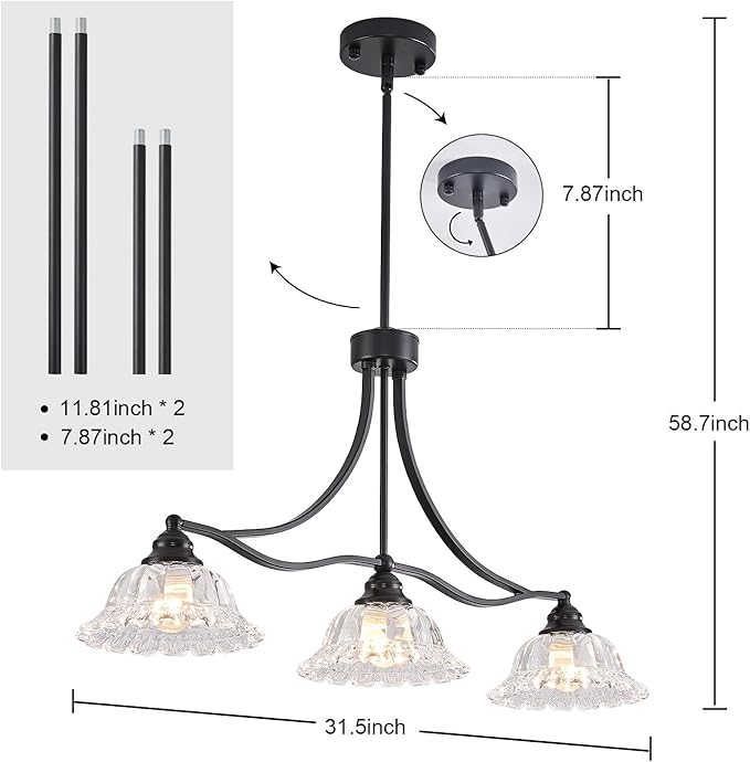 3-Light Vintage Pendant Light Fixtures for Dining Room,Black Kitchen Island Hanging Light with Flower Lampshade, Adjustable Height Ceiling Island Lamp for Kitchen Table Hallway