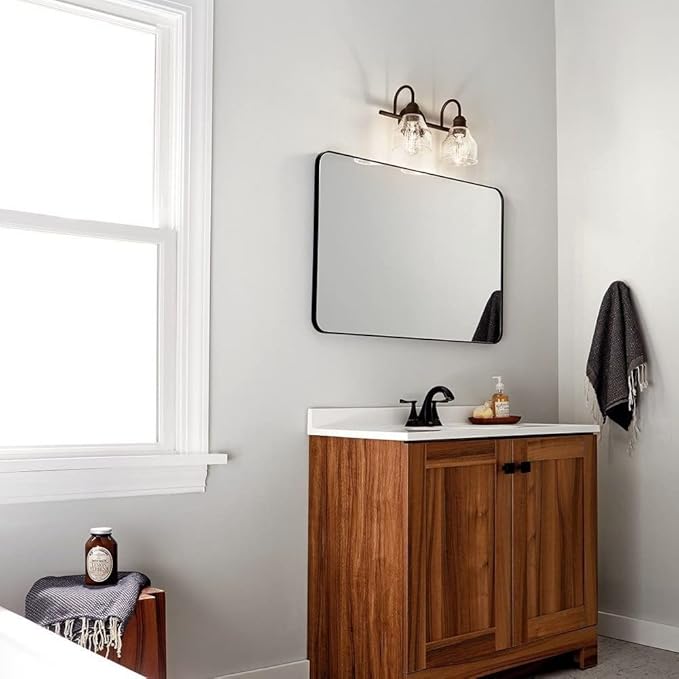 Kichler Avery 15" 2-Light Bathroom Vanity Light Fixture with Clear Seeded Glass in Natural Brass for Industrial Farmhouse Bathroom Over Mirror (8.25" x 15" x 9.5") 45972NBR
