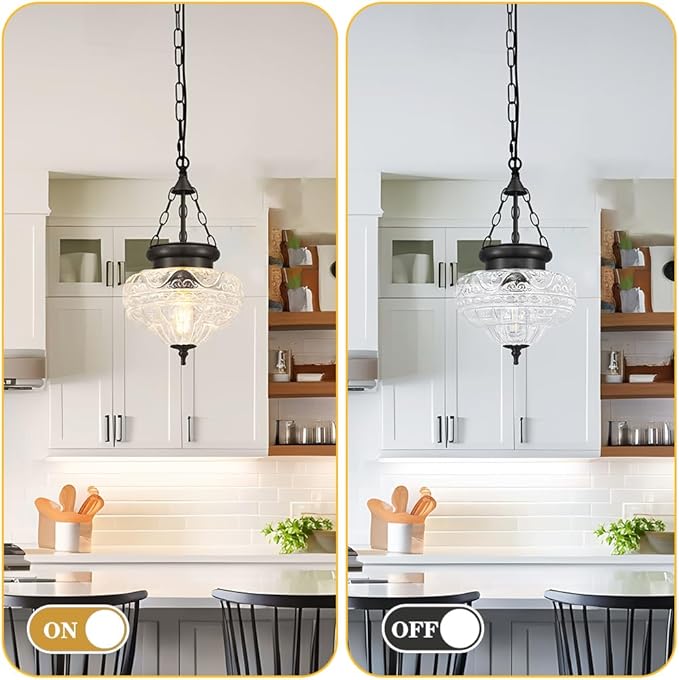 Vintage Pendant Light - Matte Black Pendant Lights Kitchen Island with Floral Glass, Hanging Lighting Fixtures with Adjustable Hanging Chain for Kitchen, Island, Dining Room, Entryway