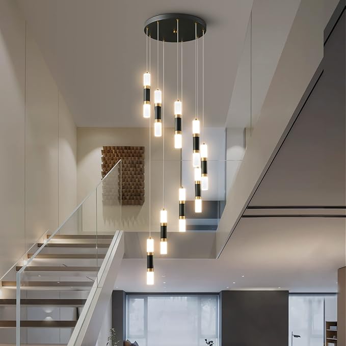 9-Light Chandelier LED 54W Dimmable Chandeliers for Entryway Pendant Light Fixture Chandeliers for Staircase Lobby Black Gold Lighting Modern High Ceiling Chandelier