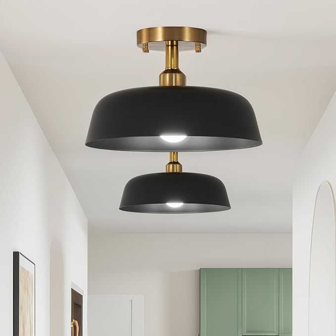 Modern Semi Flush Mount Ceiling Light, 1-Packs Matte Black and Gold Hallway Ceiling Light Fixtures,Mid Century Ceiling Lamp for Kitchen Hallway Entryway Bedroom Laundry Room(1 Packs)