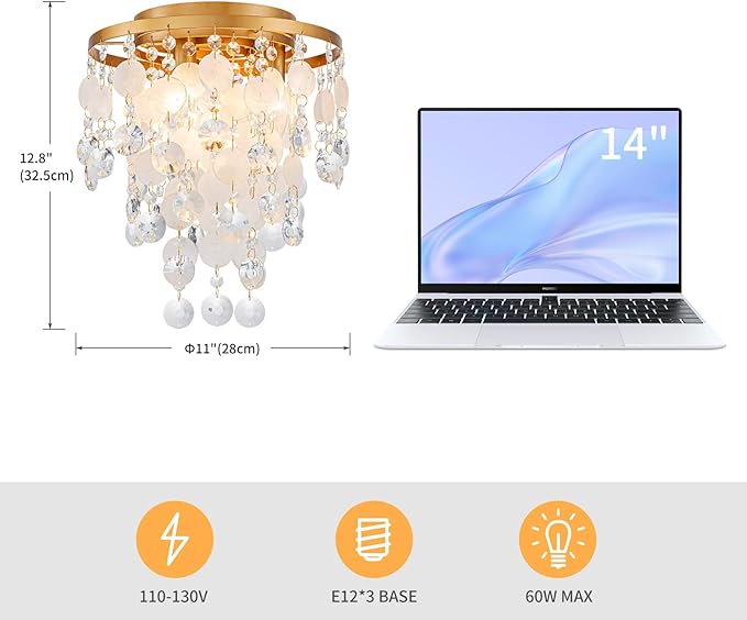 D11 inch Capiz Shell Crystal Ceiling Light, 3-Light Coastal Design Flushmount Close to Ceiling Light Fixture for Foyer, Hallway, Bedroom, D11 x H13 inch, Shell & Crystal & Copper Finish Frame