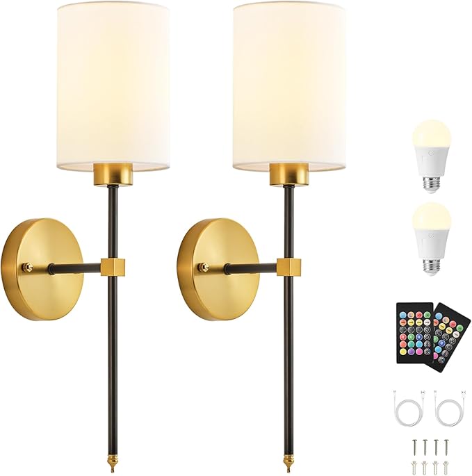 Battery Operated Wall Sconce Set of Two, Wireless Rechargeable Wall Light With Remote Control, Dimmable, 4 Color Temperatures, RGB, Timer, for Living Room,Bedroom,Entryway, Black Gold, 20.6 Inch