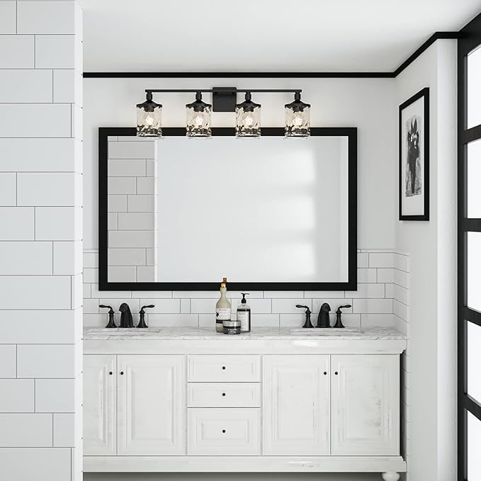 HomePlace Lighting 128841MB-451 Colton Mid-Century Clear Water Glass Bathroom Vanity Wall Light, 4-Light 400 Total Watts, 10" H x 34" W, Matte Black