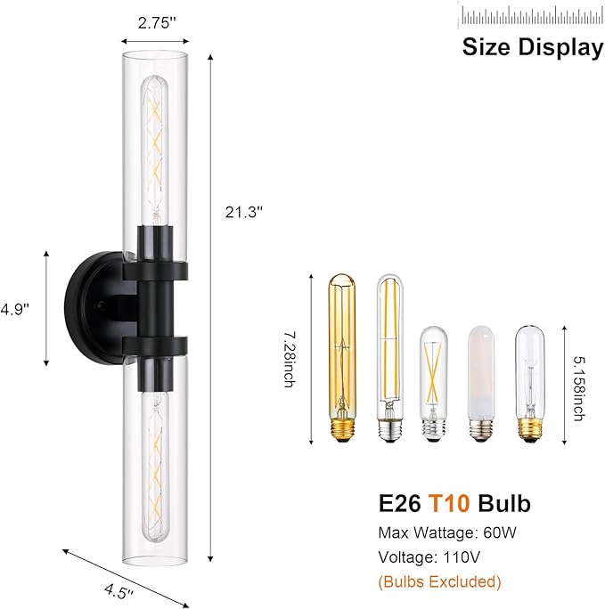 SANTOSTOCK Black Sconces Wall Lighting, Bathroom 2-Light Vanity Light W/Clear Glass Shade, Modern Wall Mounted Lights for Mirror, Makeup Vanity, Kitchen, Washroom, Hallway, E26 T10 Bulbs(Excluded)