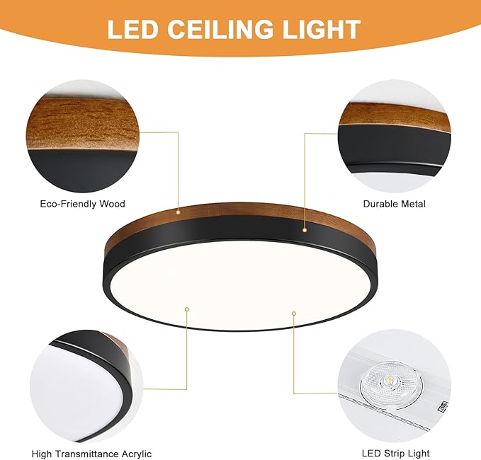 Modern Walnut Wood Black Flush Mount Ceiling Light, 11.81" Round LED Low Profile Close to Ceiling Fixture for Kitchen Bedroom Bathroom Laundry Hallway Entryway Closet Living Room