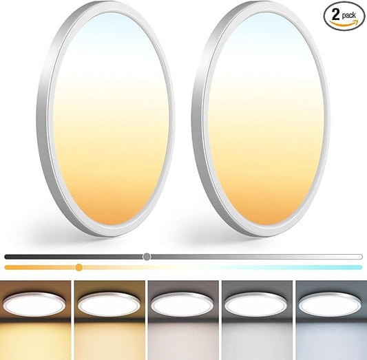 zemty 2Pack 13 inch White LED Flush Mount Ceiling Lights, Dimmable 5 Color Temp (3000K-6500K), 24W 2400LM Bright Round Light Fixture for Kitchen/Bathroom/Bedroom/Office