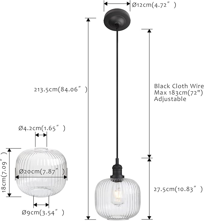 Pathson Modern Pendant Light Fixture Striped Globe Glass, Adjustable Textile Cord Hanging Lighting, Hardwired Pendant Lamp Decor for Dining Room Hotels Living Room Bedroom Kitchen