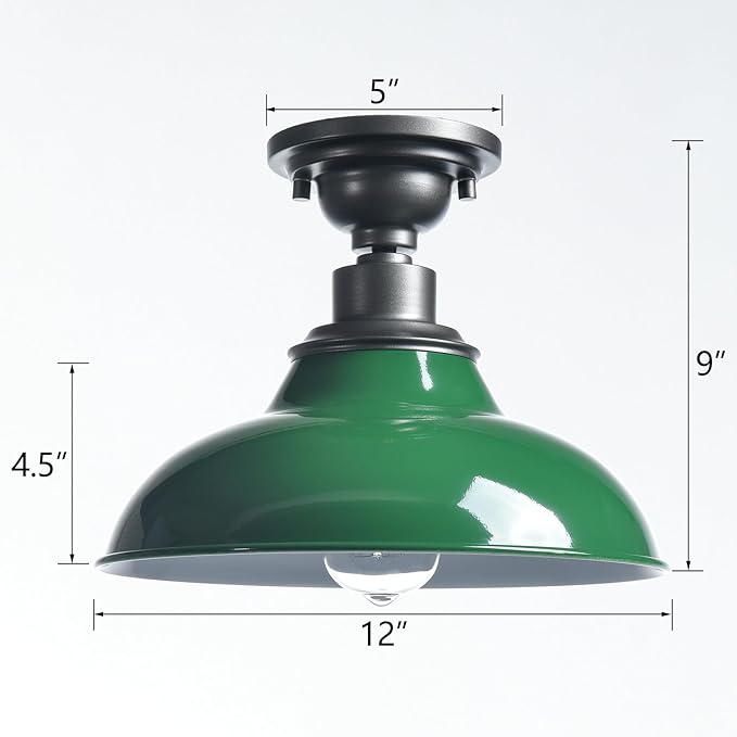 SAMTEEN 12-Inch Industrial Semi Flush Mount Ceiling Light Green Barn Light Ceiling Mount Farmhouse Flush Mount Light Fixture for Hallway Bedroom Foyer Kitchen Entryway
