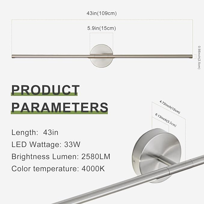 Brushed Nickel Bathroom Light Fixtures Over Mirror 43 Inch, 33W 360° Rotatable Dimmable 4000K LED Vanity Light Bar, Modern Bathroom Vanity Lights Above Mirror