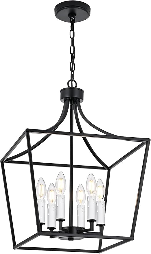 6-Light Large Classic Lantern Chandelier in Black, Height Adjustable Hanging Pendant Light Fixture for Kitchen Island Dining Room Foyer, E12 Bulb Base