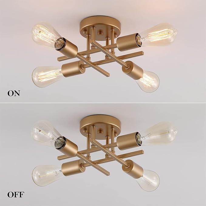 AIHYING 4-Light Semi Flush Mount Ceiling Light, Gold Mid-Century Industrial Farmhouse Chandelier Light Fixtures for Hallway Entryway Bedroom Kitchen Dining Room Porch Laundry Room UL Listed