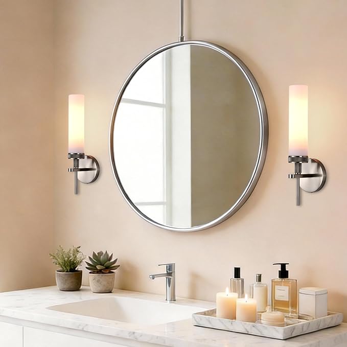 LaLuLa Wall Sconce Set of 2, Brushed Nickel Vanity Light for Bathroom, Knurled Detail, Frosted Glass Cylinder Shade, E26 Base, Hardwired, Up or Down Mount, for Hallway, Bedroom, Living Room