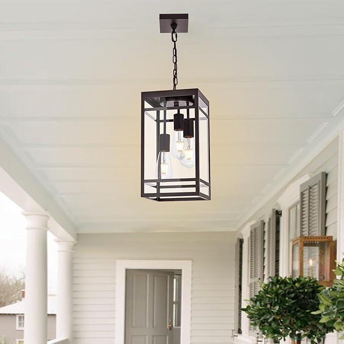 Large Outdoor Pendant Light Fixture for Porch, Oil Rubbed Bronze Outdoor Hanging Lantern Pendant Light with Clear Glass, 3 Lights Exterior Porch Chandelier for Outside Patio,Front Door,Enterway