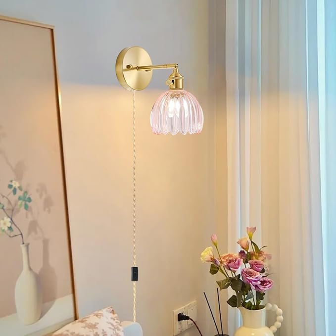 Plug in Wall Sconce, Vintage Sconce Light with Tulip Pink Glass Lampshade, Bedside Wall Sconce with Switch and Plug in Wall Lamp Cord, Gold Wall Light for Bedroom