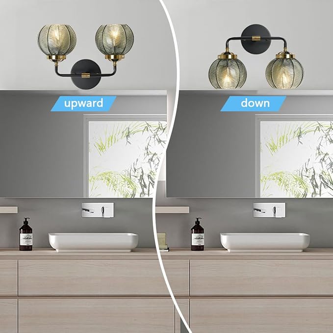 Mid Century Vanity Light Black Bathroom Wall Light Fixtures Green Glass Wall Sconce lamp Ribbed Glass Shade Modern Art Deco Vanity Lights for Over Mirror Bedroom Hallway 2 Lights
