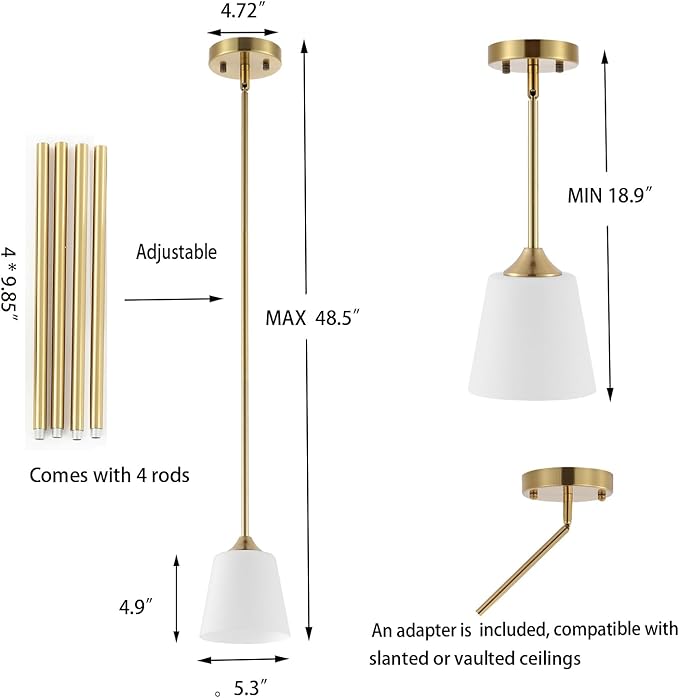BYOLIIMA Modern Gold Pendant Light 3 Pack Brushed Brass Mid Century Chandelier White Cylinder Glass Shades Adjustable Rods Farmhouse Ceiling Hanging Lighting Fixture Kitchen Island Dining Room Bedroom