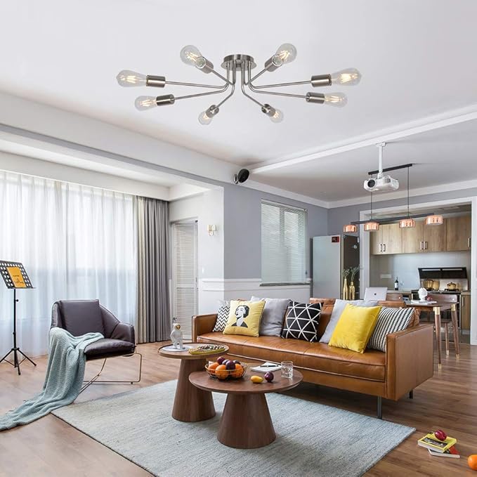 Mid Century 8 Light Chandelier Modern Ceiling Lighting Brushed Nickel Semi Flush Mount Ceiling Lights Fixture Used for Kitchen Dining Room Living Room