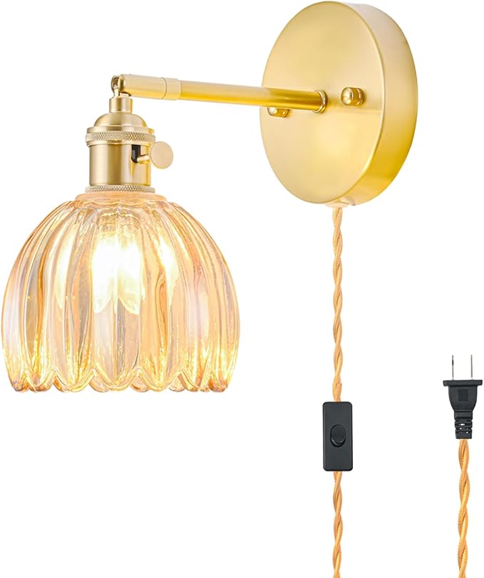 Plug in Wall Sconce, Vintage Sconce Light with Tulip Amber Glass Lampshade, Bedside Wall Sconce with Switch and Plug in Wall Lamp Cord, Gold Wall Light for Bedroom