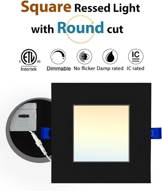 Adetu 6 Pack 6 inch Square Led Recessed Lighting Black,5CCT Ultra Thin Square Led Ceiling Light with Junction Box, 2700K/3000K/3500K/4000K/5000K Selectable,Dimmable,ETL and Energy Star Certified