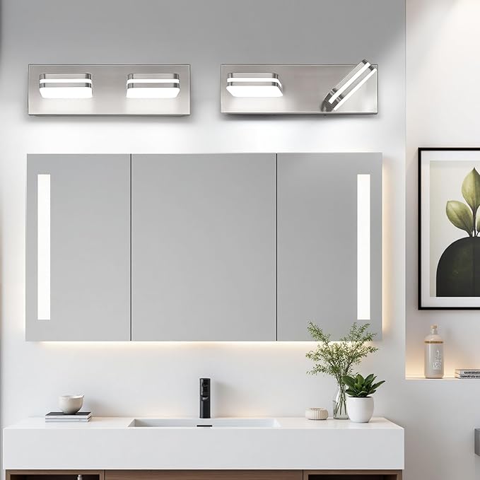360° Rotate 2-Light LED Bathroom Vanity Light Fixtures, 900LM Acrylic Brushed Nickel Vanity Lights for Bathroom, Modern Wall Lighting Fixtures Over Mirror Kitchen Living (Natural White Light 5000K)