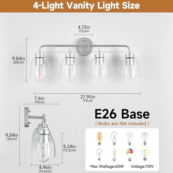 28 Inch Vanity Lights, 4-Light Silver Vintage Industrial Bathroom Light Fixtures with Bell Bubble Glass Shade, Wall Sconce for Bathroom Mirror, Bedroom, Hallway