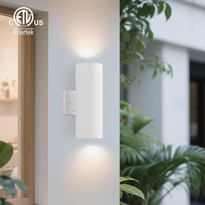 mirrea 14" Modern Outdoor Porch Light Patio Light in 2 Lights with Aluminum Cylinder and Tempered Glass Cover Waterproof Wall Sconce 2 Pack (Matte White)