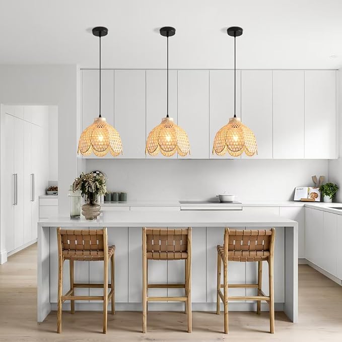 3-Pack Mini Bamboo Pendant Light,10.23IN Petal Rattan Chandelier Hand Woven Wicker Hanging Light for Kitchen Bedroom Dining Room Living Room Stairs Hallway Apartment