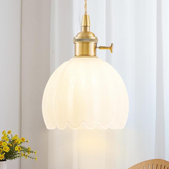2 Pack Plug in Pendant Light Fixtures, Hanging Light Fixture Vintage Glass Pendant Light, Mini Milk White Tulip Hanging Lamp, Pendant Lighting for Kitchen Island, Bedroom, Dining Room, Living Room