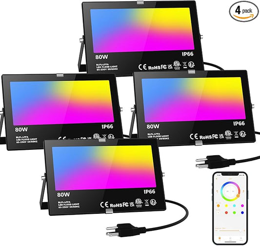 LED Flood Light Outdoor 800W Equivalent 8000LM, Smart RGB Color Changing Landscape Lighting with APP Control, IP66 Waterproof Outdoor LED Lights Daylight 5700K, DIY Scenes, Timing Floodlights, 4 Pack
