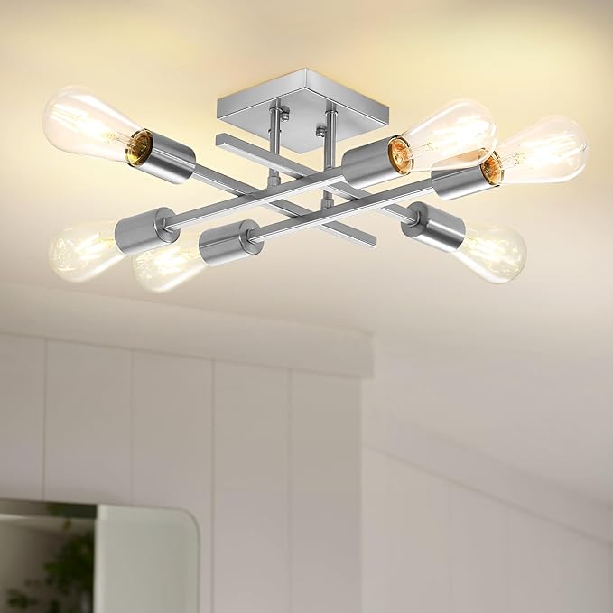 6-Light Semi Flush Mount Ceiling Light Fixture, Industrial Brushed Nickel Close to Ceiling Lighting, Modern E26 Base Sputnik Chandelier Ceiling Lamp for Bedroom Living Room Hallway, 2 Pack