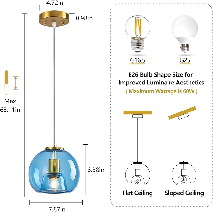 Light Blue Glass Pendant Lights Kitchen Island Gold Hanging Light Fixture Glass Globe Pendant Light Modern Pendant Lighting for Kitchen Island Bedroom Dining Room (7.87", B Style-2 Pack)