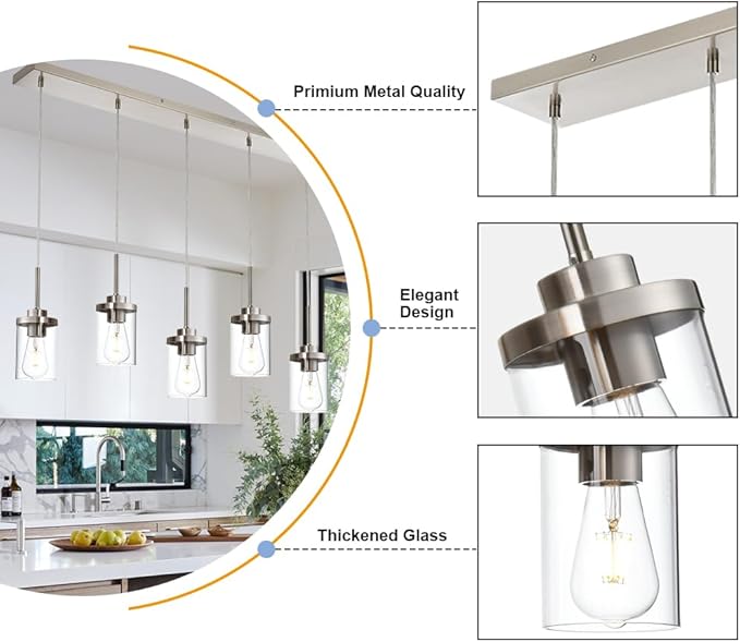 5 Lights Island Lights for Kitchen Modern Industrial Brushed Nickel Linear Chandeliers with Clear Glass Shade for Dining Room Kitchen Long Finish Ceiling Lighting Fixtures