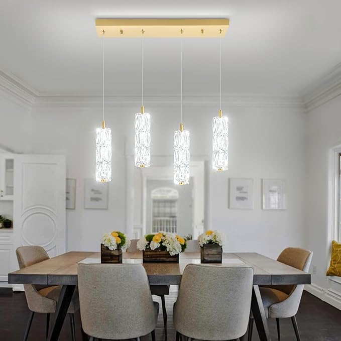 ykolupty Rectangle Crystal Pendant Lights LED Dimmable Pendant Ceiling Lighting Modern Linear Chandelier for Dining Room Hallway Gold