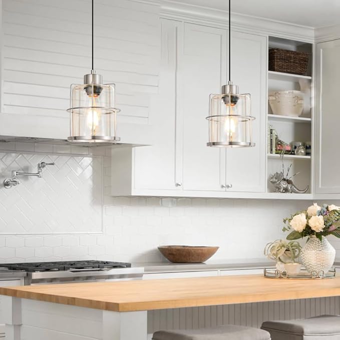 Brushed Nickel Pendant Lights Set of 2, Pendant Lights Kitchen Island with Clear Glass Shade, Modern Farmhouse Pendant Light Fixtures Hanging Light with Adjustable Cord over Sink Decor, E26