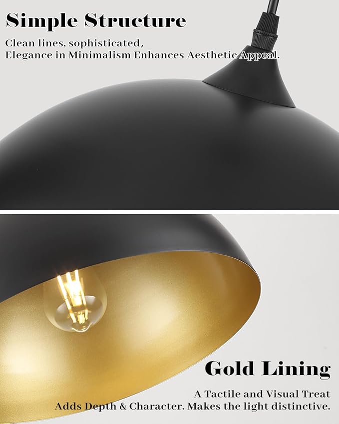 Black Pendant Lights Kitchen Island 3 Pack, 14 Inch Large Dome Pendant Light, Black and Gold Farmhouse Industrial Pendant Light, Island Pendant Lights for Kitchen, Dining Room