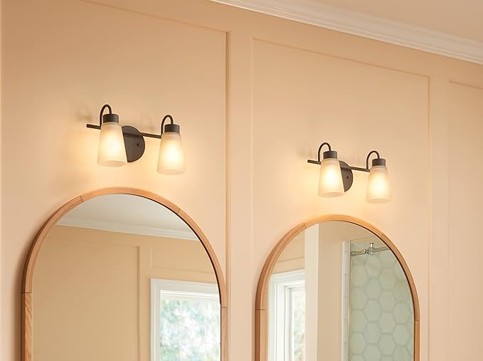 Kichler Stamos 2-Light Bathroom Vanity Light with Satch Etched Glass Shades, 13" Modern Wall Light in Olde Bronze®, (13" x 8" x 5")