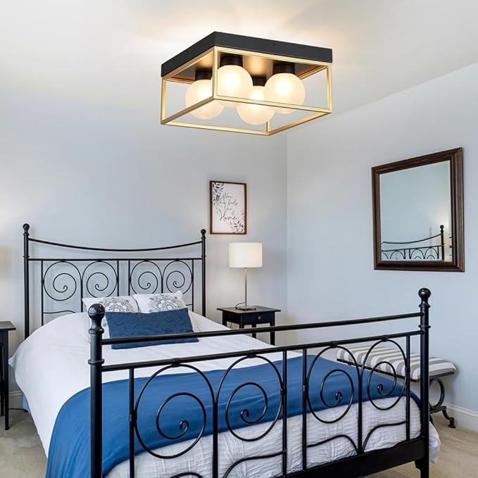 AGV LIGHTING Modern Flush Mount Ceiling Light, Black and Gold Ceiling Light Fixture with 4 Frosted Glass Globes, Semi Flush Mount Ceiling Lamp for Bedroom Kitchen Hallway Entryway