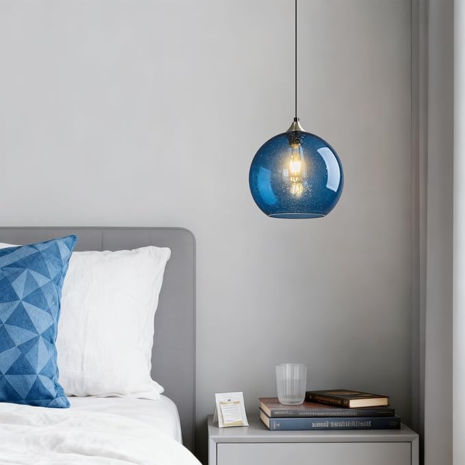 Mikeru Glass Globe Pendant Light Single, 9.85 Inch Clear Bubble Glass Hanging Lamp, Mid Century Modern Pendant Lighting for Kitchen Island Dining Room Bedroom (Bulb Not Included)