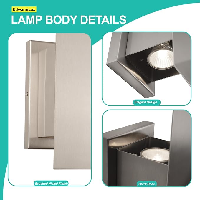 Edwarmlux Indoor Wall Sconces, Modern Wall Lights, Up and Down Wall Mount Light, Dimmable Hardwired Wall Light for Bedroom, Living Room, Hallway, GU10 Bulbs Excluded, 2 Pack (Brushed Nickel)