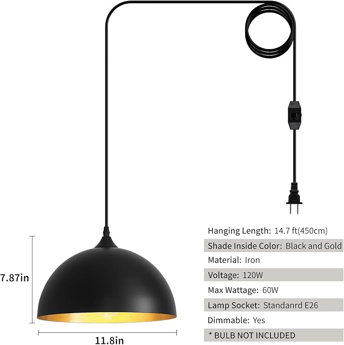 Black Plug in Pendant Light 2 Packs 11.8inch, Farmhouse Pendant Light, Kitchen Pendant Lights, Pendant Lights Kitchen Island, Hanging Lights with Plug in Cord 14.7 ft